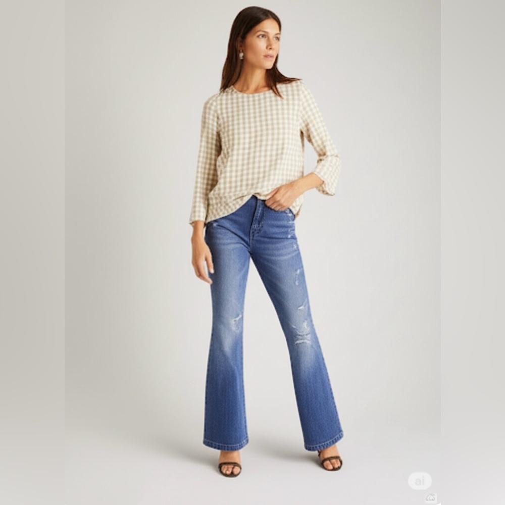 J.Jill Plaid Tan and White Plaid Lightweight Blouse - Picture 2 of 7